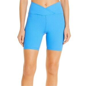 YEAR OF OURS Womens Blue Ribbed V Waist Biker Active Wear Shorts